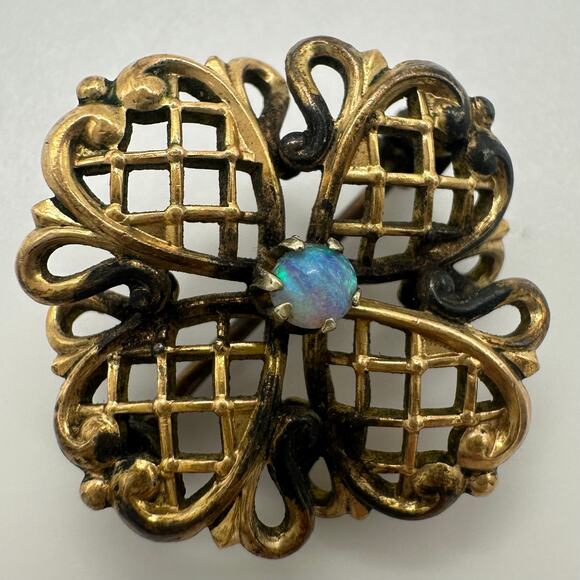 Antique Victorian 1800s gold filled 4 leaf clover genuine fire opal brooch pin - Picture 3 of 8
